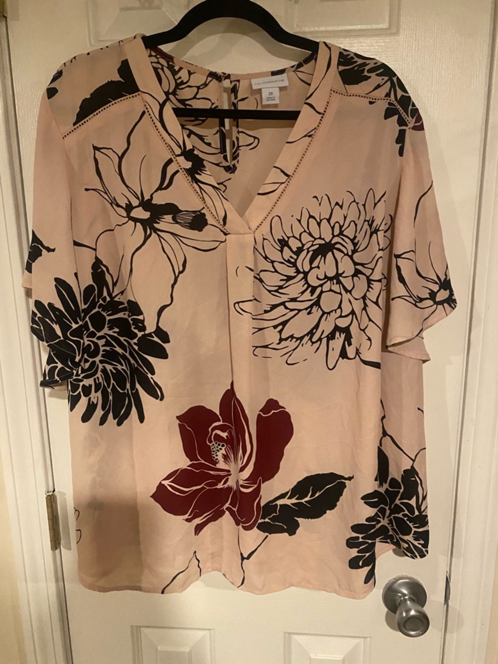Liz Claiborne Pink Blouse with Black &  Burgundy Floral Accents